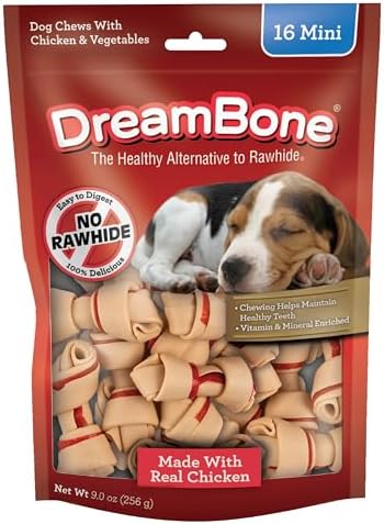 DreamBone Mini Bone Rawhide-Free Dog Treats With Real Protein, 24 Count | Daily Chew, Digests Safely and Completely, Made With Real Protein, Chicken and Veggies, For Adult Dogs
