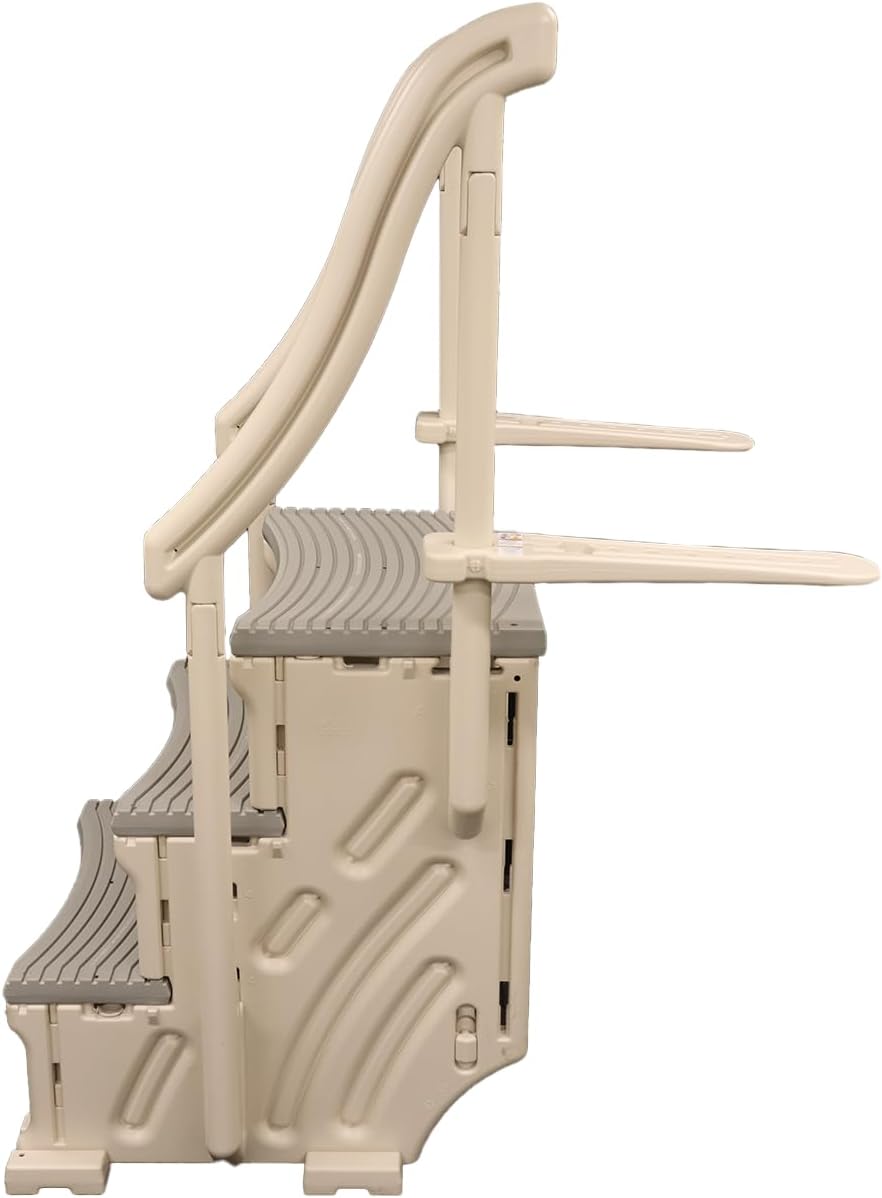 Confer Plastics Curved Drop-in Inground Pool Step 3 Tread Stair Entry System w/ 2 Handrails & Adjustable Mounting Brackets - Base Step, Grey Treads