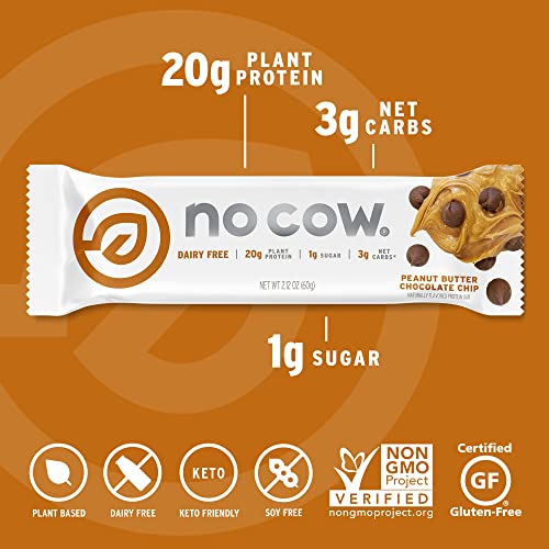 No Cow Peanut Butter Chocolate Chip Vegan Protein Bars, 12 Pack | 20g High Plant-Based Protein, High Fiber, Low Sugar, Gluten-Free, Dairy-Free, Soy-Free, Keto-Friendly Snack Bars