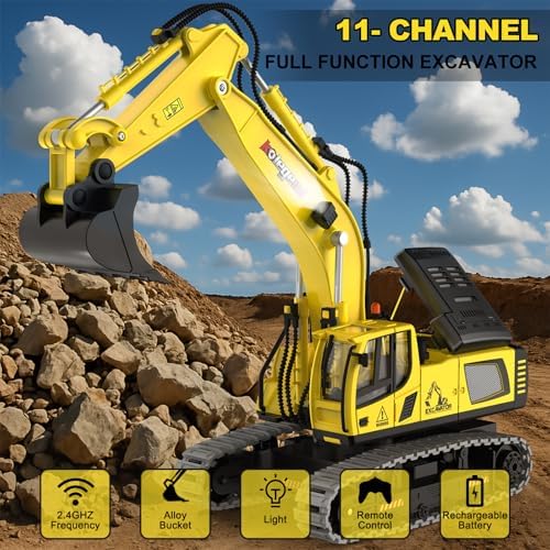 kolegend 1:18 Scale RC Excavator Toy with Metal Shovel, 11 Channels Remote Control Construction Truck
