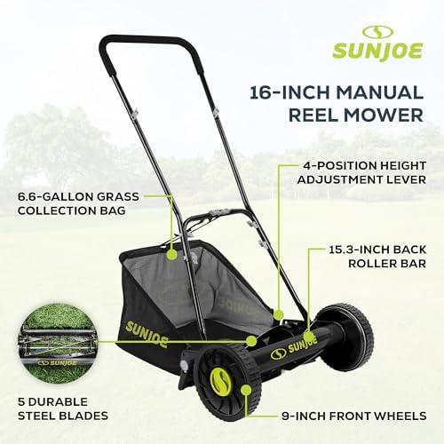 Sun Joe Manual Push Reel Lawn Mower with 6.6-Gal Grass Catcher, 16-Inch Cutting Width - Heavy-Duty Yard Trimmer Machine for Gardening Care and Maintenance, MJ500M