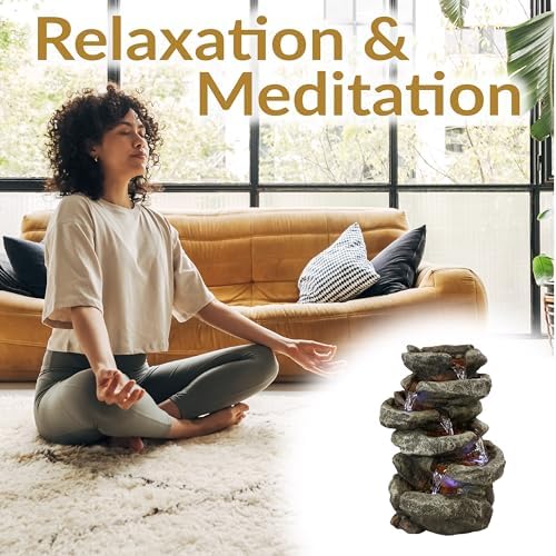 Sunnydaze 15" 6-Tier Tabletop Water Fountain with LED Lights, Stone Falls | Indoor Tabletop Fountain, Calming Sounds