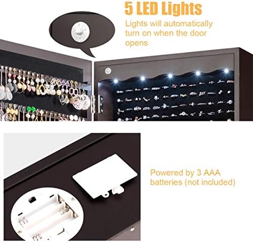 CHARMAID Jewelry Cabinet Armoire, Wall Mount Door Hanging, Lockable Jewelry Organizer with 47.5'' Full Length Mirror, 5 Lights