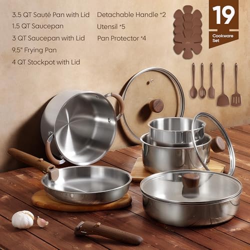 CAROTE 19pcs Tri-Ply Stainless Steel Cookware Set with Detachable Handle | Pots and Pans Set, Even Heating, Non-Toxic, Induction Compatible