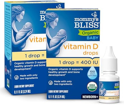 Mommy's Bliss Organic Baby Vitamin D Drops, No Artificial Color, 0.11 Fl Oz | Vitamin D3 that promotes healthy growth and bone development in newborns and up; 100 servings per pack