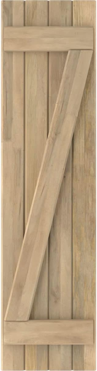 14"W x 62"H Americraft Four Board (2 Batten) Exterior Real Wood Joined Board-n-Batten Shutters w/Z-Bar (Per Pair), Unfinished