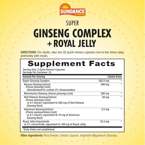 Sundance Super Ginseng Complex | with Royal Jelly | 50 Quick Release Capsules | Non-GMO and Gluten Free Traditional Herb Supplement