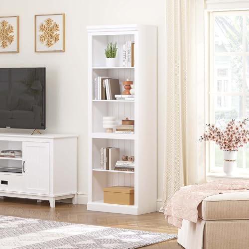 Spirich White Bookshelf, 5-Tier Tall Bookcase with Adjustable Shelves | 13.4-Inch Depth, Anti-Tip Device, Water-Based Finish, FSC-Certified Wood