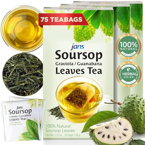 Jans Soursop Tea Bags 25 Count | 100% Natural Soursop Leaves | Caffeine Free Sour Sop Tea | Vegan Herbal Tea | Individually Wrapped Tea Bags | Cholesterol Free Sugar Free Relaxation Beverage