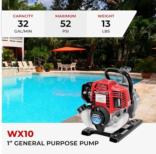 Honda Power Equipment WX10 52 PSI 4-Stroke Commercial Engine Gasoline Powered Water Pump with Hose Adapter, Suction Hose, Clamps, and Strainer