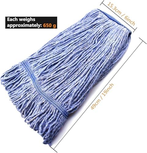 String Mop Heads Replacement Heavy Duty Commercial Grade Blue Cotton Looped End Wet Industrial Cleaning Mop Head Refills (4, Medium)