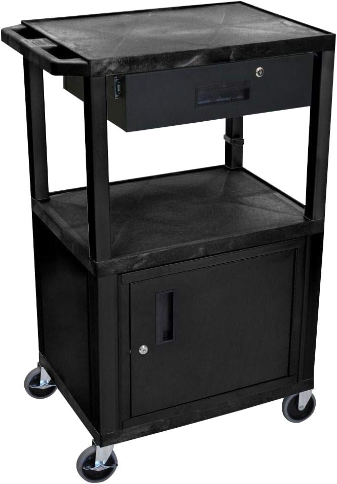 Luxor WT42C2E-B/WTD 42" H AV Cart - 3 Shelves Cab Drawer - Black, 4" Ball Bearing Casters with Two Locking Brake
