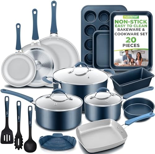 Nutrichef 20 Piece Professional Home Kitchen Cookware and Bakeware, Pots and Pans Set Non Stick Kitchenware, Cool-Touch Handles, Non Toxic