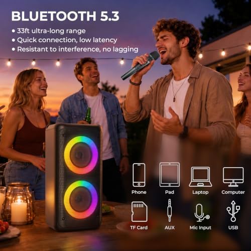 Bluetooth Speaker with 2 Wireless Microphones, 30W Big Party Speaker for Adults Kid Karaoke with Lights