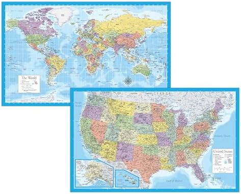 Laminated World Map & US Map Poster Set - 18" x 29" - Wall Chart Maps of the World & United States - Made in the USA - (LAMINATED, 18" x 29")