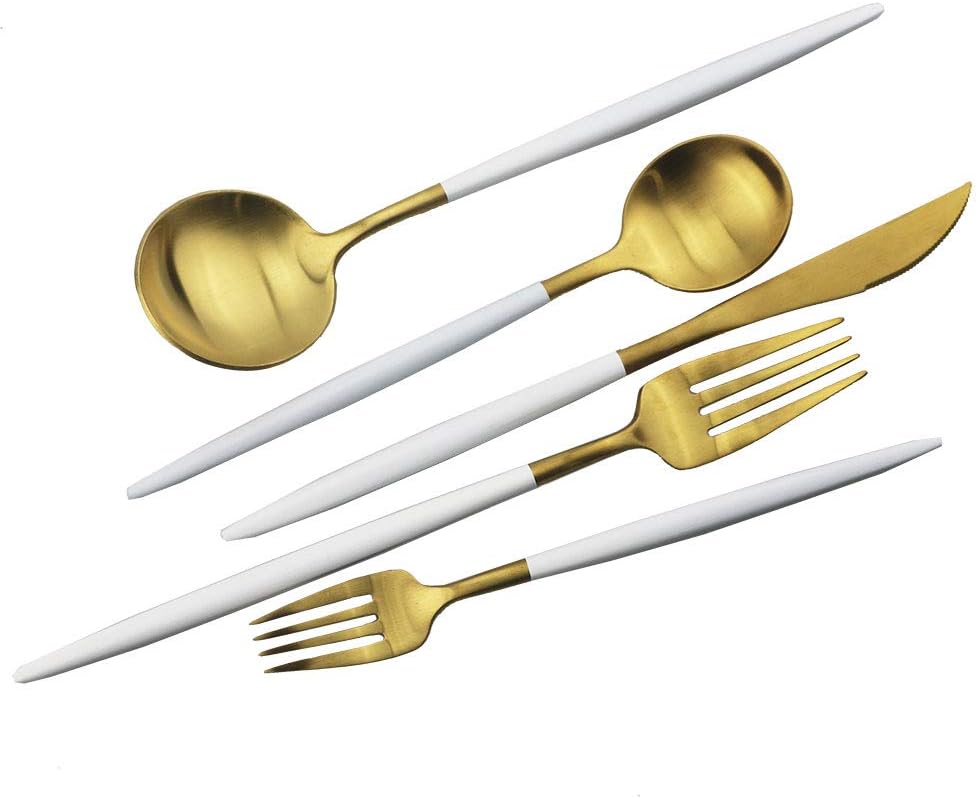 JASHII Luxury 18/10 Rainbow Flatware Set - 304 Stainless Steel Colorful Cutlery - 5-Piece Adaline Royal Modern Satin Finish for Birthday