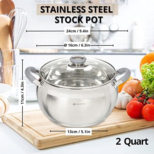 Daniks Modern 4 Quart Stainless Steel Stock Pot with Glass Lid, Tri-Ply Bottom for Even Heating, Induction Compatible, Dishwasher Safe
