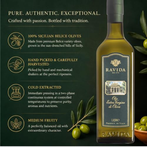 Ravida Extra Virgin Olive Oil, 25 Fl Oz– Multi Award-Winning Sicilian EVOO, Cold Extracted, Medium Fruity, Premium First Cold Pressed Olive Oil