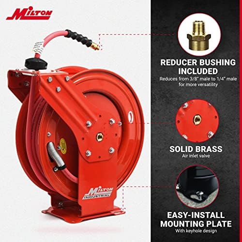 MILTON Strength Air Hose Reel w/Auto- Retractable Steel Dual Arm, 3/8" MNPT x 50 ft. Hybrid Rubber Hose - 300 Max PSI, Red - 2770-50D