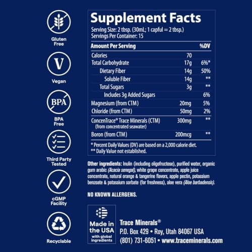 Trace Minerals Fiber Supplement 15 fl oz, 14g Soluble Prebiotic Fiber Drink | Supports gut flora balance, Contains ConcenTrace ionic minerals