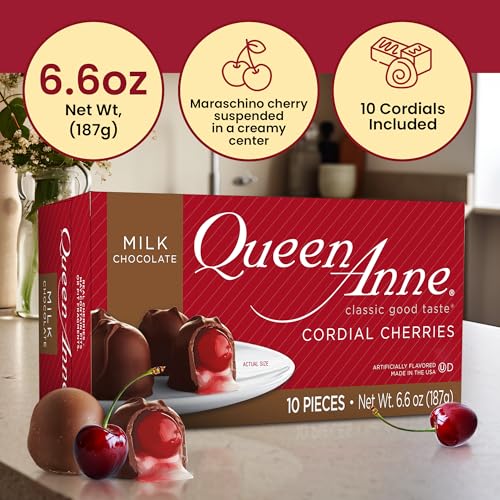 Queen Anne Milk Chocolate Covered Cordial Cherries | 6.6 oz | 10 Piece Gift Box | Whole Maraschino Cherry Creamy Filled Liquid Center |Holiday Party