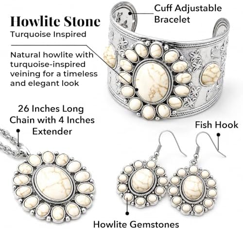 Shop LC Howlite Western Jewelry Set for Women Boho Cowgirl | 3-Piece Necklace Bracelet Earrings, Turquoise-Inspired, Chunky Statement, Southwestern