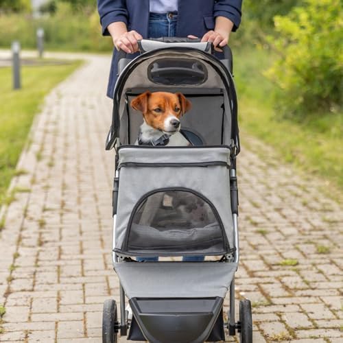 TRIXIE Foldable Pet Stroller for Cats and Dogs, Pet Carrier Strolling Cart with Weather Cover, Storage Basket, Cup Holder, Black | Lightweight, Compact and Portable, Easy to Travel