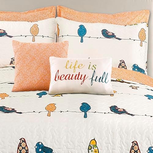 Lush Decor Rowley Birds Quilt Set, 7 Piece Set, Full/ Queen, Multi - Reversible Bird Bedding Set With Pillow Cases & Throw Pillows - Colorful