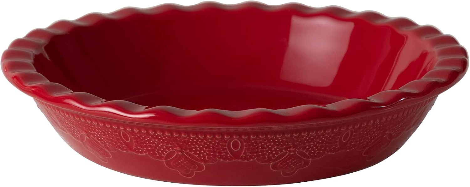 Fun Elements Pie Pan, 9 Inch Ceramic Pie Dish, Deep Dish Pie Pan with Lace Emboss, Ruffled Pie Plate for Baking