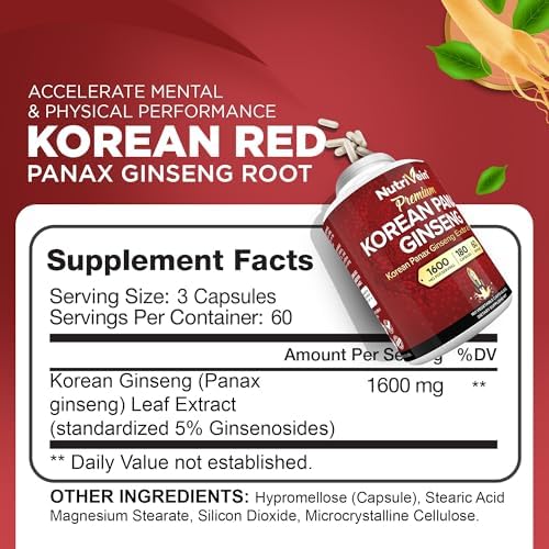 Nutrivein Korean Red Panax Ginseng 1600 mg - 180 Capsules, Extra Strength