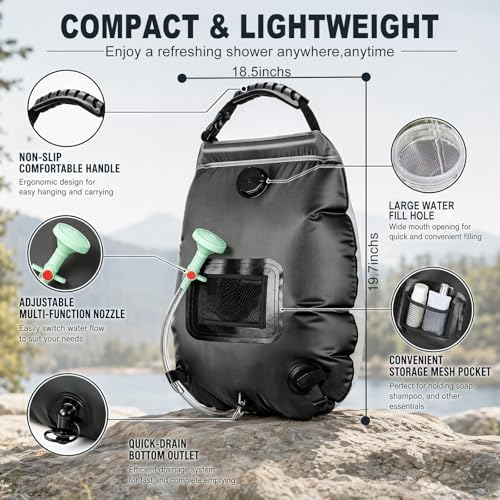 Solar Shower Bag | 5 Gal/20L Solar Heating Camping Shower Bag | Removable Hose | On-Off Switchable Shower Head | Ducha Portatil | Traveling Shower | Portable Shower for Beach Swimming, Hiking