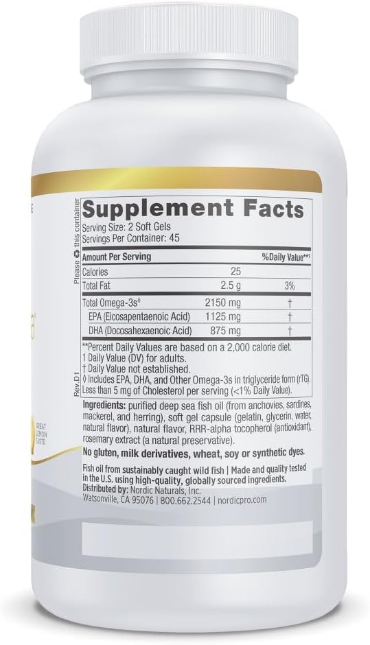 Nordic Naturals ProOmega-3, 2150 mg, EPA & DHA Fish Oil, Lemon - 120 Count | Ultra high-potency EPA & DHA fish oil supports brain, heart, eye & immune health. 2150 mg omega-3. Non-GMO. 60 servings