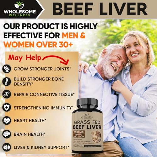 Wholesome Wellness Grass Fed Desiccated Beef Liver Capsules (180 Pills, 750mg Each) - Natural Iron, Vitamin A