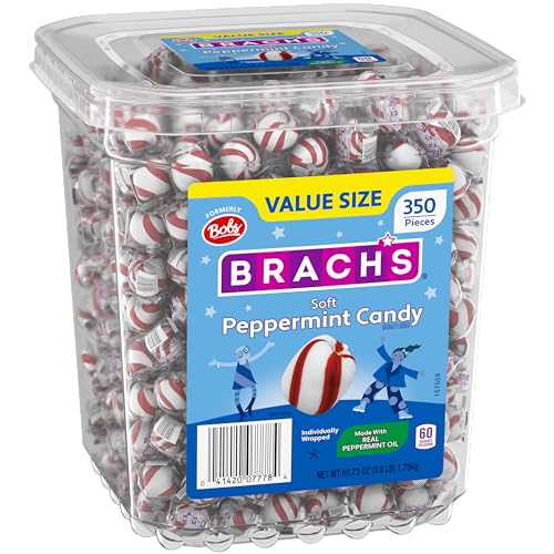 Brach's Sweet Stripes Soft Peppermint Candy, Individually Wrapped, 350 Ct | Melt-away soft peppermint mints, red & white, real peppermint oil, individually wrapped, party, candy dish