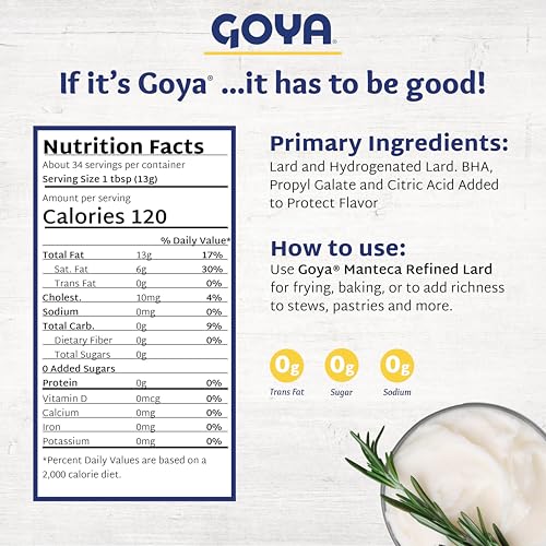 Goya Manteca Lard for Cooking and Baking, Rich Flavor for Tamales, 1 Pound | 1 Pound Tub, Premium Pork Fat, Rich Flavor for Tamales, Empanadas, And Pastries, Enjoy Any Time of Day, For Any Occasion