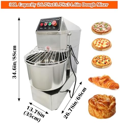INTBUYING 30 QT Stand Dough Mixer 7.5 Gallon Double Action Spiral Stand Mixer with Double-Speed