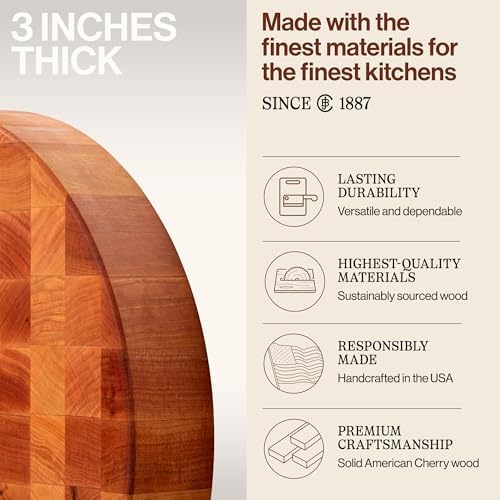 John Boos CCB Series Round Wooden Maple Cutting Board 18”x18” – 3” Thick, 22-lb Non-Reversible Butcher Block with End-Grain – Made in the USA