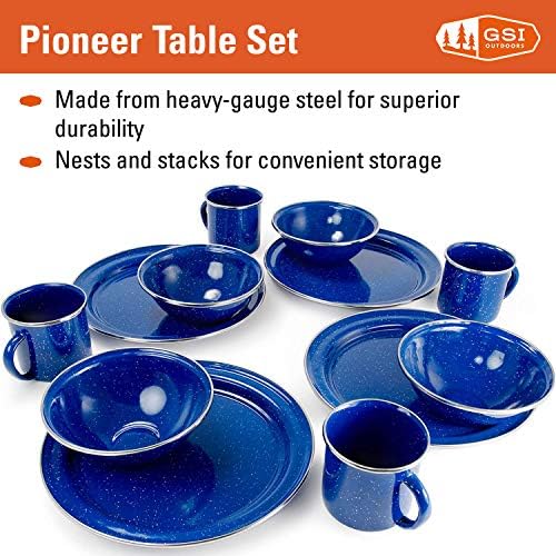 GSI Outdoors Pioneer Enamel 12 Pieces (4-Person) Dish Set I Enamelware Dishes Including Plates, Bowls and Mugs for Camping, Outdoors, RV, Camp, Blue