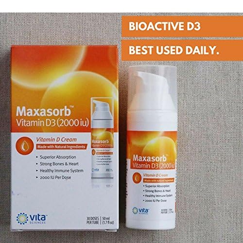 Vita Sciences Maxasorb Vitamin D3 Cream 2,000 IU, Topical Formula - 1.7 Oz | Delivers 2,000 IU of Topical Vitamin D3 Cream Per Pump - Fast-absorbing, Non-greasy, Paraben-Free Daily Skin Moisturizer.
