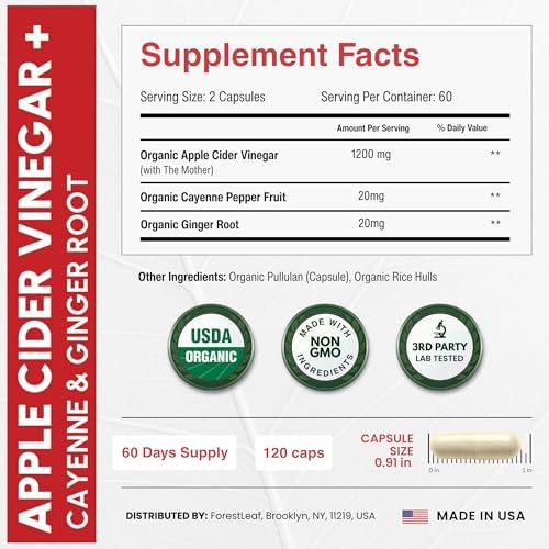USDA Organic Apple Cider Vinegar Capsules with Mother, 1200 mg | Vegan & Non-GMO | Apple Cider Vinegar Pills with Cayenne Pepper & Ginger Root | 120 Caps