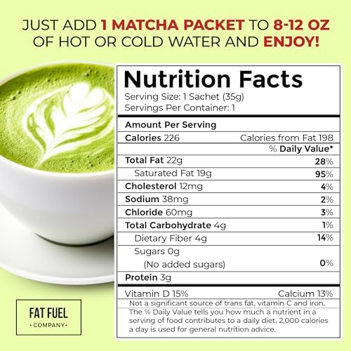 FAT FUEL Keto Matcha 22g Premium Fats - With Grass Fed Butter, MCT Oil, Coconut & Redmond Real Salt - Instant Organic Matcha, Zero Net Carb