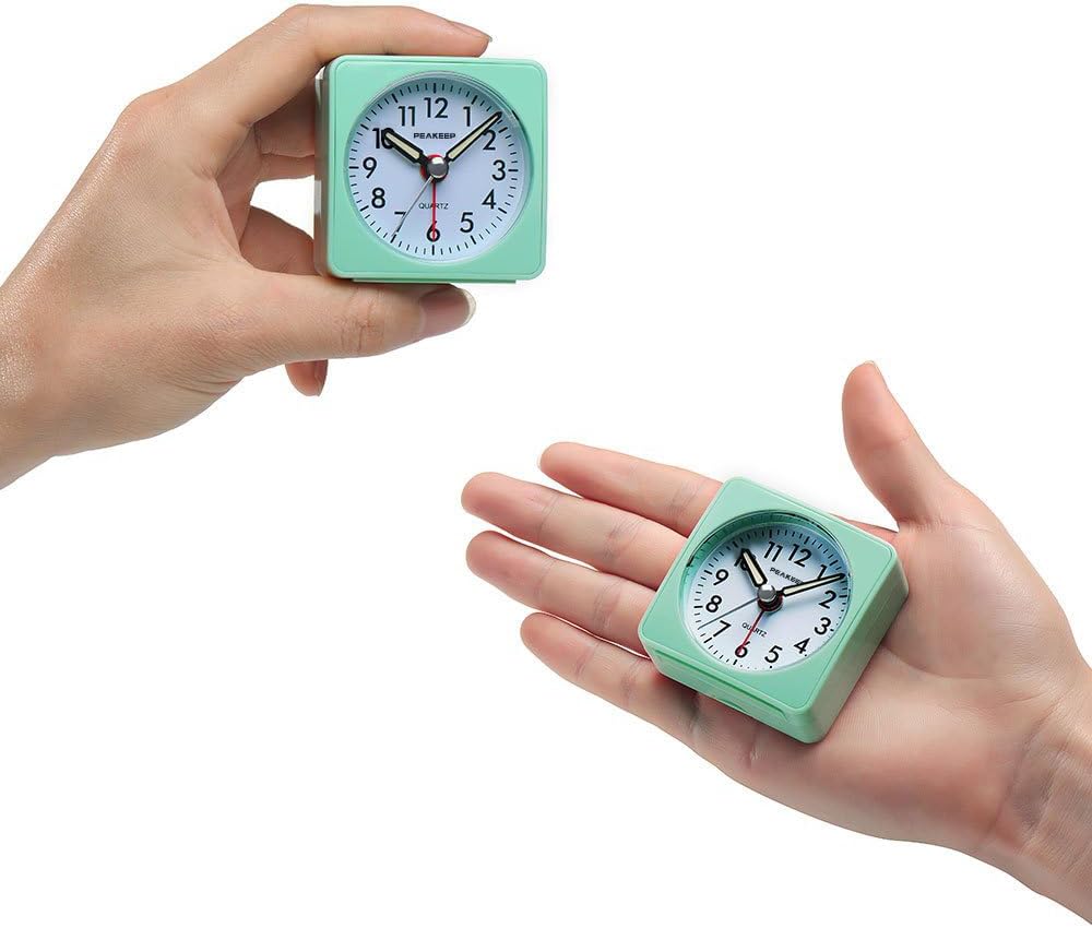 Peakeep Ultra Small, Battery Travel Alarm Clock with Snooze and Light | Silent No Ticking Analog Quartz Clock (Aquamarine)