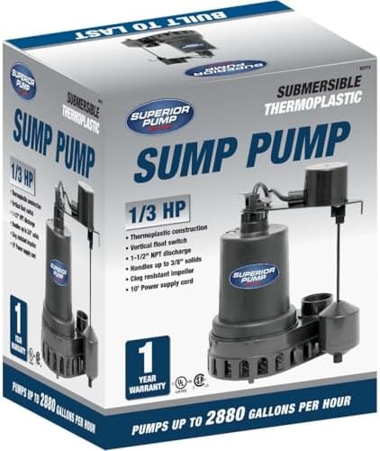 Superior Pump 92260 1/4 HP Thermoplastic Sump Pump with Vertical Float Switch, Black