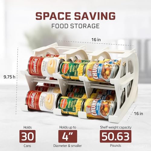 FIFO Countertop Mini Can Tracker Holds 30 Standard 10-24 Oz Can Sizes, White| Stackable & Adjustable Can Organizer for Pantry, USA Made, White