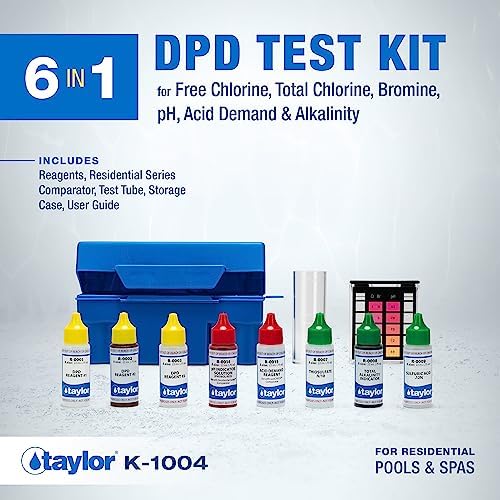 Taylor K-1004 DPD, 6-in-1 Pool Test Kit for for Free & Total Chlorine, Bromine, pH, Acid Demand, Total Alkalinity, 100+ Tests