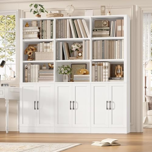 70” H x 63” W Triple Wide Bookshelf, Tall Bookcase with 6 Doors | 5 Tier Book Shelf with 15 Storage Shelves, Tall Book Case Large Bookshelves with Storage Cabinet for Home Office, White