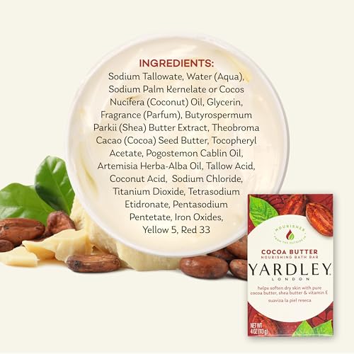 Yardley London Nourishing Bath Soap Bar Cocoa Butter, Helps Soften Dry Skin with Pure Cocoa Butter, Shea Butter & Vitamin E, 4.0 oz Bath Bar, 1 Soap Bar