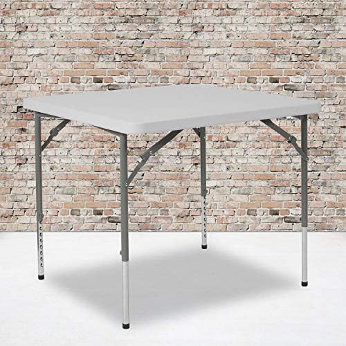 EMMA + OLIVER 2.79-Foot Square Granite White Adjustable Folding Table | Height Adjustable, Card and Game Table, Lightweight