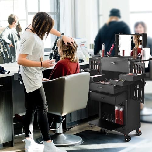 BYOOTIQUE Rolling Makeup Case with Lighted Mirror Hairstylist Station | Salonwith 2 Drawer,4 Trays,Hair Dry Holder,Professional Hairdressing Case,Beauty Salon Cart,Portable Vanity,Mobile
