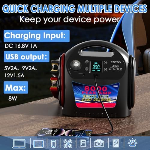 8000A 12V/24V Jump Starter for Large Gas & Diesel Engines, Heavy-Duty Portable Battery Booster Pack for Trucks